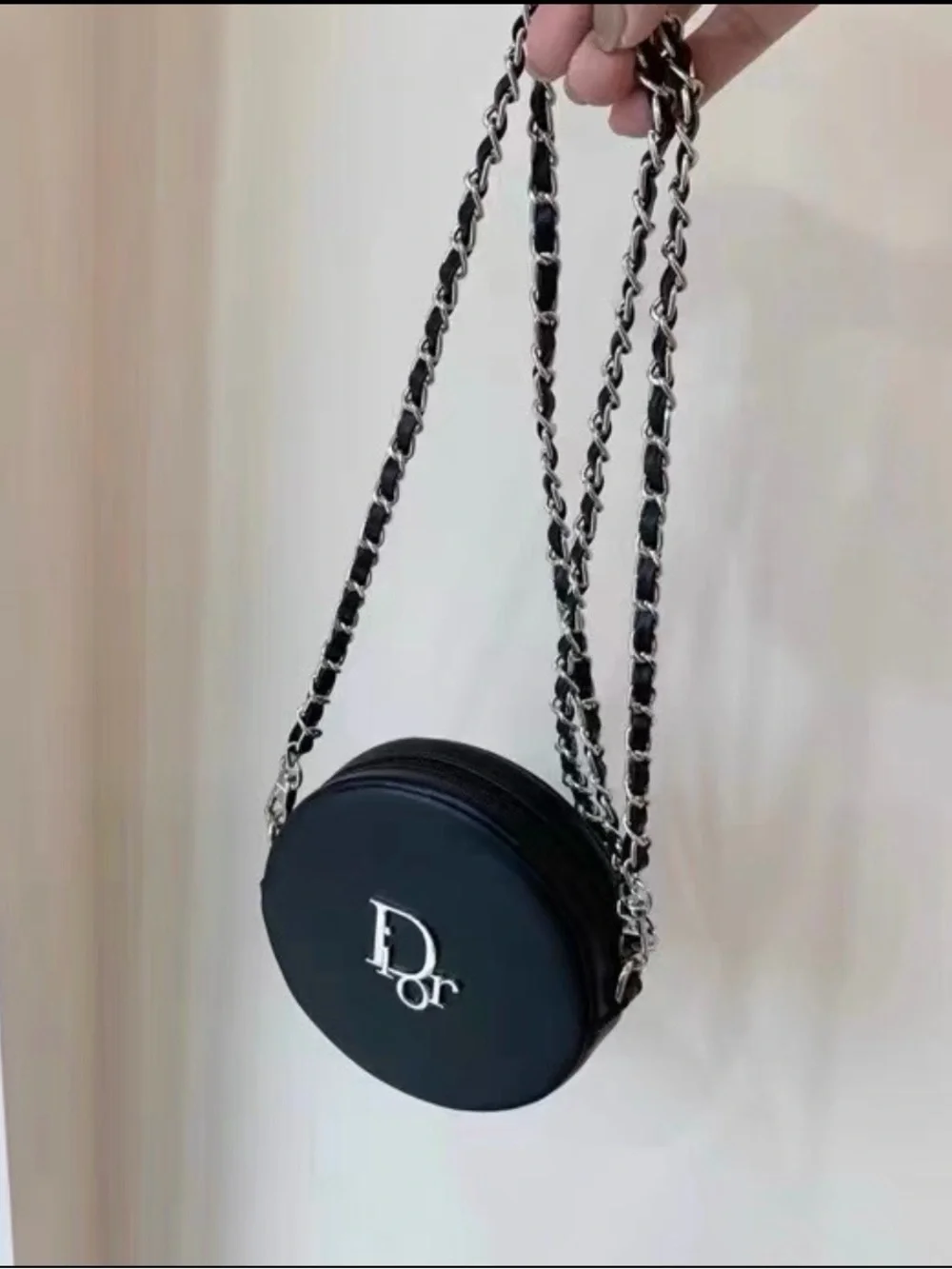 Dior Black Mini Round Cosmetic Crossbody Bag with Silver Chain
